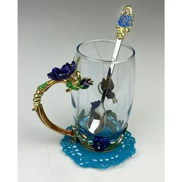 ARC of France Glass Tea Cup w/ Enamel Rose Flower Butterfly, Spoon & Doily BB144 - Picture 2 of 10